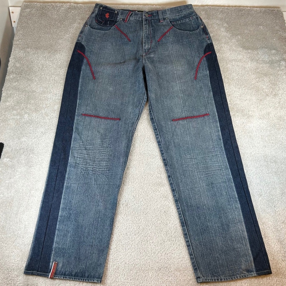 Vintage Y2K Rocawear Jeans Mens 36x33 Blue Red Stitched Baggy Straight Denim